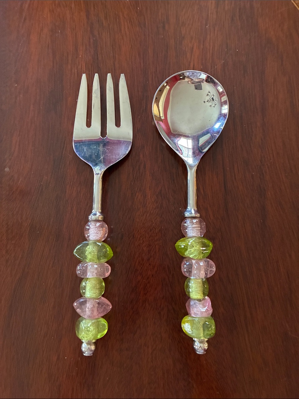 Pink and Green Beaded Salad Server Set